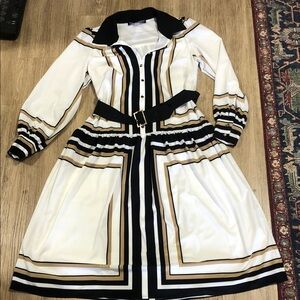 New Karl Lagerfeld Paris Black White & beige Striped Shirt Dress size 10